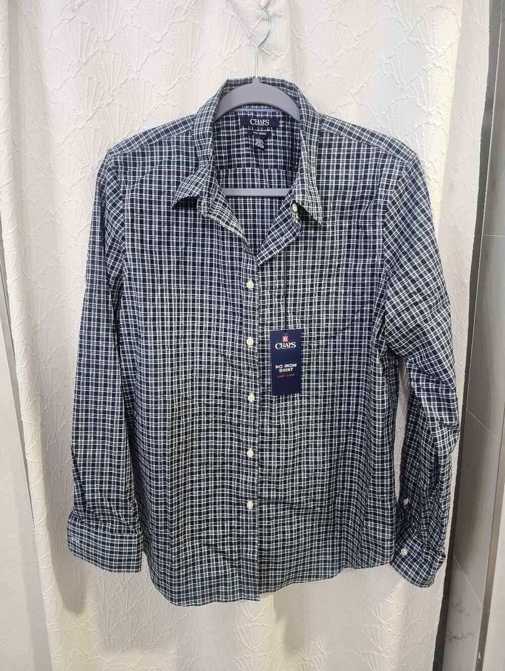 NWT Men's Large Blue Plaid Long Sleeved Button-Up 100% Cotton Shirt By CHAPS